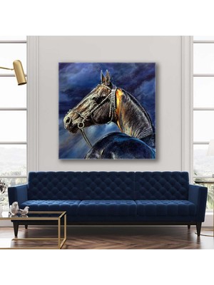 SML Tablo Asil At Detaylı Fırça Izleri Lacivert Gökyüzü Hayvan Dekorasyon Kanvas Tablo