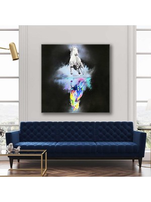 SML Tablo Beyaz At ve Renkli At Zıt Yönler Neon Renkler Fırça Izleri Kanvas Tablo