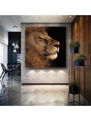 SML Tablo Asil Aslan ve Saçlarında Gold Partiküller Hayvan Dekorasyon Kanvas Tablo