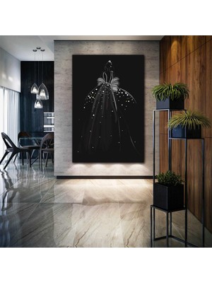 SML Tablo Beyaz Elbiseli Işıltılı Çizgisel Kadın Kıyafati Tasarım Kanvas Tablo