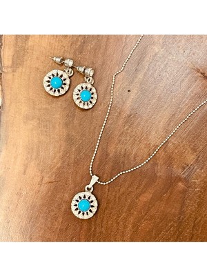 Gönülden Tasarım Tasarım Zirkon Taşlı  Mavi Boncuklu Küpe ve Kolye Seti