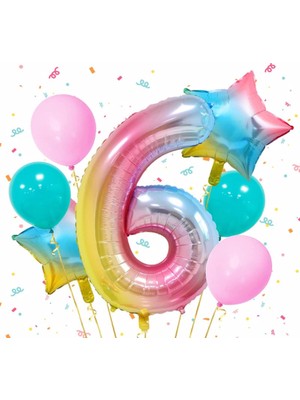 Parti Station Gökkuşağı Rengarenk Yaş Balon Set Yıldız Balon Folyo Set Konsept Doğum Günü Set Yaş Balon Set