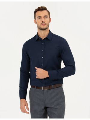 Pierre Cardin Erkek Lacivert Slim Fit Armürlü Gömlek 50260311-VR033