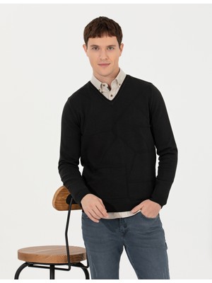 Pierre Cardin Erkek Siyah Slim Fit V Yaka Triko Kazak 50265423-VR046
