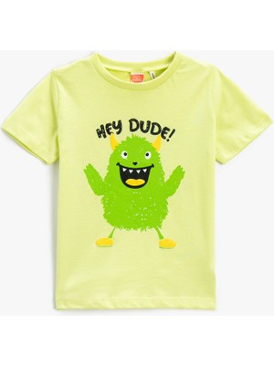 Koton Erkek Çocuk Canavar Baskılı Kısa Kollu Pamuklu Tişört Bisiklet Yaka