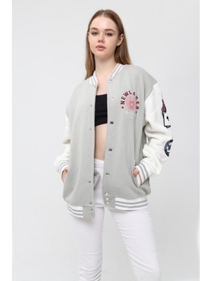 NewLaker Unisex Oversize Gri Beyaz Bomber Kolej Ceket Nakiş İşlemeli 65% Pamuk 35% Polyester