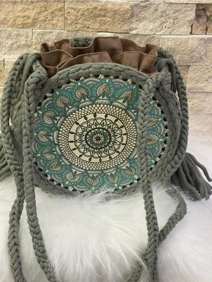 Gönülden Tasarım Özel Tasarım Etnik Desenli Bohem Mdf Askılı Çanta Büzgülü Torba Içli 23X23CM