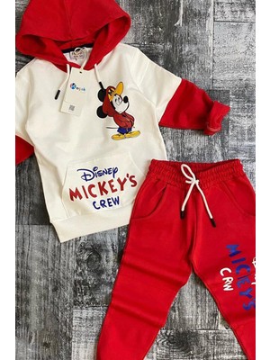 Riccotarz Kız Erkek Çocuk Kapşonlu Mickey Mouse Baskılı Kırmızı Eşofman Takım