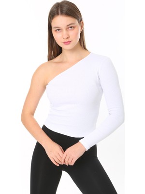 CHEISU Kadın Tek Omuz T-Shirt Bluz Beyaz