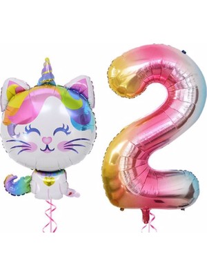 Parti Station Unicorn Kedi Balon Set Renkli Sayı Balon Folyo Set Konsept Doğum Günü Set Yaş Balon