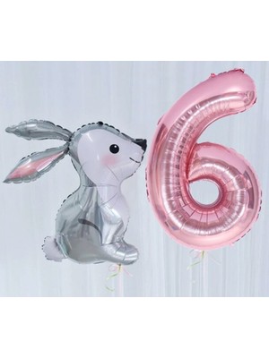 Parti Station Tavşan Pembe Balon Set Folyo Set Konsept Doğum Günü Set Yaş Balon Set
