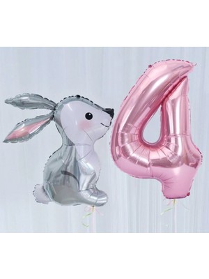 Parti Station Tavşan Pembe Balon Set Folyo Set Konsept Doğum Günü Set Yaş Balon Set
