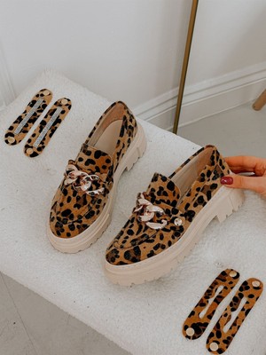 Erva'nın Butiği Leopar Kadın Loafer Deri Üç Tokalı Hazır Taban Ayakkabı