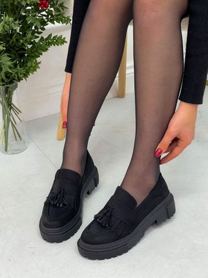 Erva'nın Butiği Siyah Süet (Tassel) Püskül Detay Kadın Loafer