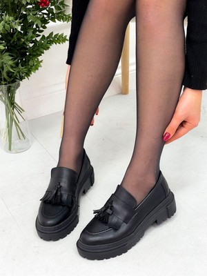 Erva'nın Butiği Siyah Cilt (Tassel) Püskül Detay Kadın Loafer