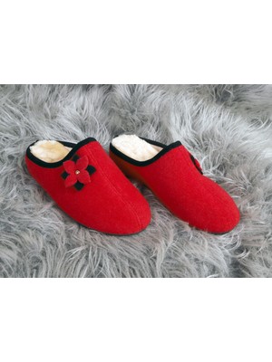 Nancy Esa Winter Star El Yapımı Rahat Kışlık Kırmızı Keçe Suni Kürklü Şık Kadın Ev Terliği