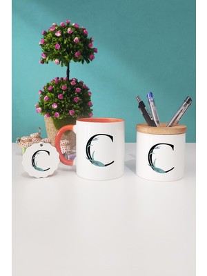 Hedizu Çiçek Desenli C Harfli Turuncu Kupa Bardak Kalemlik Anahtarlık