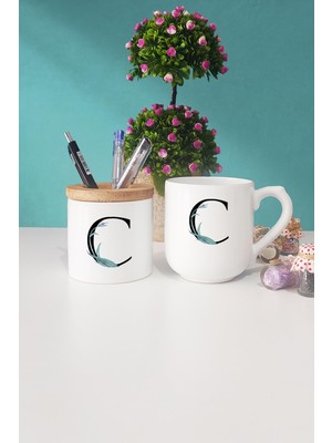 Hedizu Çiçek Desenli C Harfli Oval Kupa Bardak Kalemlik