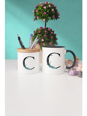 Hedizu Çiçek Desenli C Harfli Siyah Kupa Bardak Kalemlik