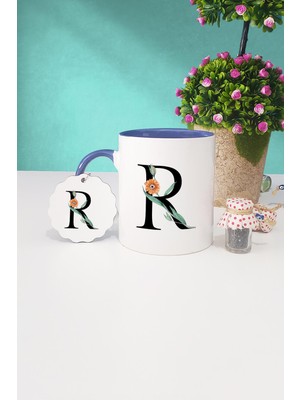 Hedizu Çiçek Desenli R Harfli Lacivert Kupa Bardak Anahtarlık