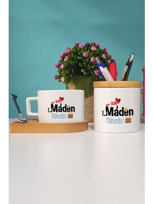 Hedizu En Tatlı Maden Mühendisi Hediye Ahşap Altlıklı Fincan ve Kalemlik