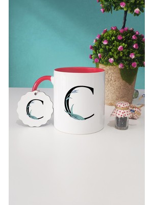 Hedizu Çiçek Desenli C Harfli Kırmızı Kupa Bardak Anahtarlık