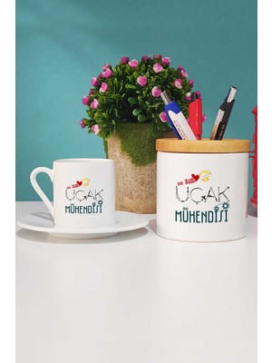 Hedizu En Tatlı Uçak Mühendisi Türk Kahvesi Fincanı Beyaz ve Kalemlik