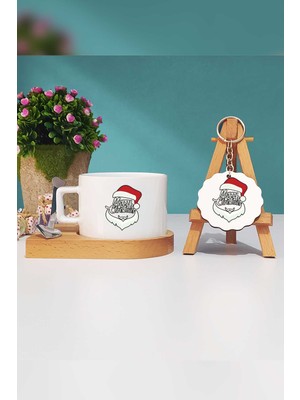 Hedizu Merry Christmas Yılbaşı Hediyesi Ahşap Altlıklı Fincan ve Anahtarlık