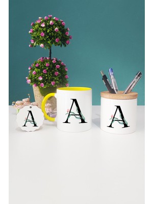 Hedizu Çiçek Desenli A Harfli Sarı Kupa Bardak Kalemlik Anahtarlık