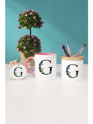 Hedizu Çiçek Desenli G Harfli Pembe Kupa Bardak Kalemlik Anahtarlık