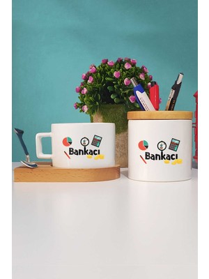 Hedizu Bankacıya Hediye Bankacı Ahşap Altlıklı Fincan ve Kalemlik
