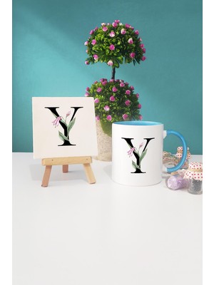 Hedizu Çiçek Desenli Y Harfli Mavi Kupa Bardak Dekoratif Taş