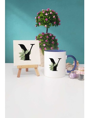 Hedizu Botanik Y Harfli Lacivert Kupa Bardak Dekoratif Taş