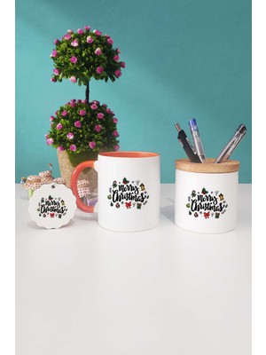 Hedizu Merry Christmas Yılbaşı Hediyesi Turuncu Kupa Bardak Kalemlik Anahtarlık