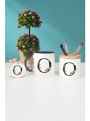 Hedizu Çiçek Desenli O Harfli Siyah Kupa Bardak Kalemlik Anahtarlık