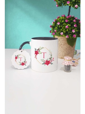 Hedizu Çiçekli T Harfli Siyah Kupa Bardak Anahtarlık
