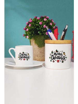Hedizu Merry Christmas Yılbaşı Hediyesi Türk Kahvesi Fincanı Beyaz ve Kalemlik