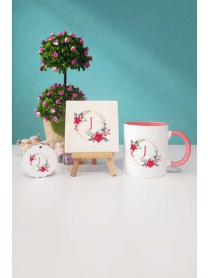 Hedizu Çiçekli J Harfli Pembe Kupa Bardak Dekoratif Taş Anahtarlık