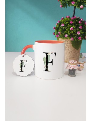 Hedizu Çiçek Desenli F Harfli Turuncu Kupa Bardak Anahtarlık