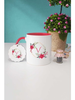Hedizu Çiçekli V Harfli Kırmızı Kupa Bardak Anahtarlık