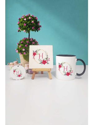 Hedizu Çiçekli H Harfli Siyah Kupa Bardak Dekoratif Taş Anahtarlık