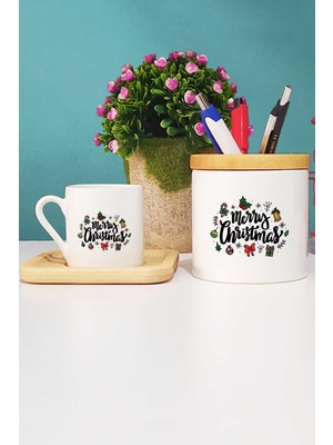 Hedizu Merry Christmas Yılbaşı Hediyesi Türk Kahvesi Fincanı Ahşap Altlıklı ve Kalemlik