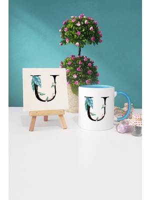 Hedizu Çiçek Desenli U Harfli Mavi Kupa Bardak Dekoratif Taş