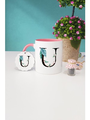 Hedizu Çiçek Desenli U Harfli Pembe Kupa Bardak Anahtarlık
