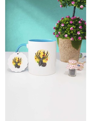 Hedizu Mutlu Yıllar Geyikli Yılbaşı Hediyesi Mavi Kupa Bardak Anahtarlık