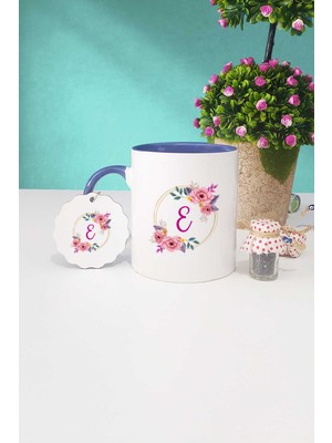 Hedizu Çiçekli E Harfli Lacivert Kupa Bardak Anahtarlık