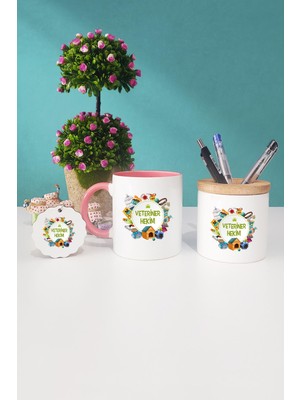 Hedizu Veteriner Hekime Hediye Veteriner Hekim Pembe Kupa Bardak Kalemlik Anahtarlık