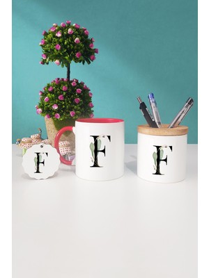 Hedizu Çiçek Desenli F Harfli Kırmızı Kupa Bardak Kalemlik Anahtarlık