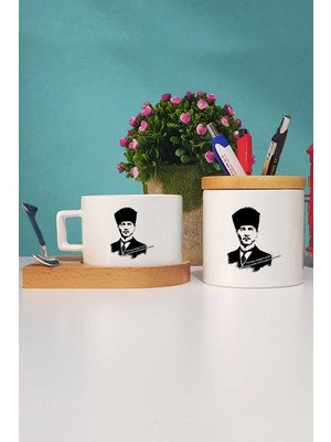 Hedizu Öğretmenler Günü Hediyesi Atatürk Asil Kan Ahşap Altlıklı Fincan ve Kalemlik