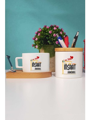Hedizu En Tatlı Inşaat Mühendisi Hediye Ahşap Altlıklı Fincan ve Kalemlik